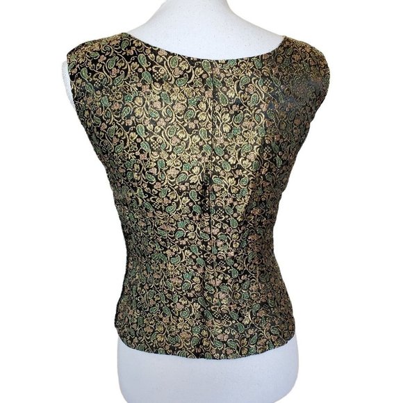Vintage 40s Green Floral Metallic Sleeveless Top Side Zip‎ Gold Black XS/S - Picture 4 of 8